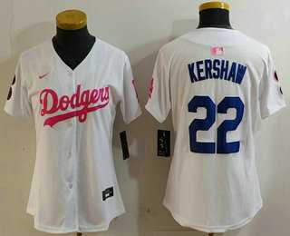 Women%27s Los Angeles Dodgers #22 Clayton Kershaw White Pink With Patch Limited Stitched Jersey